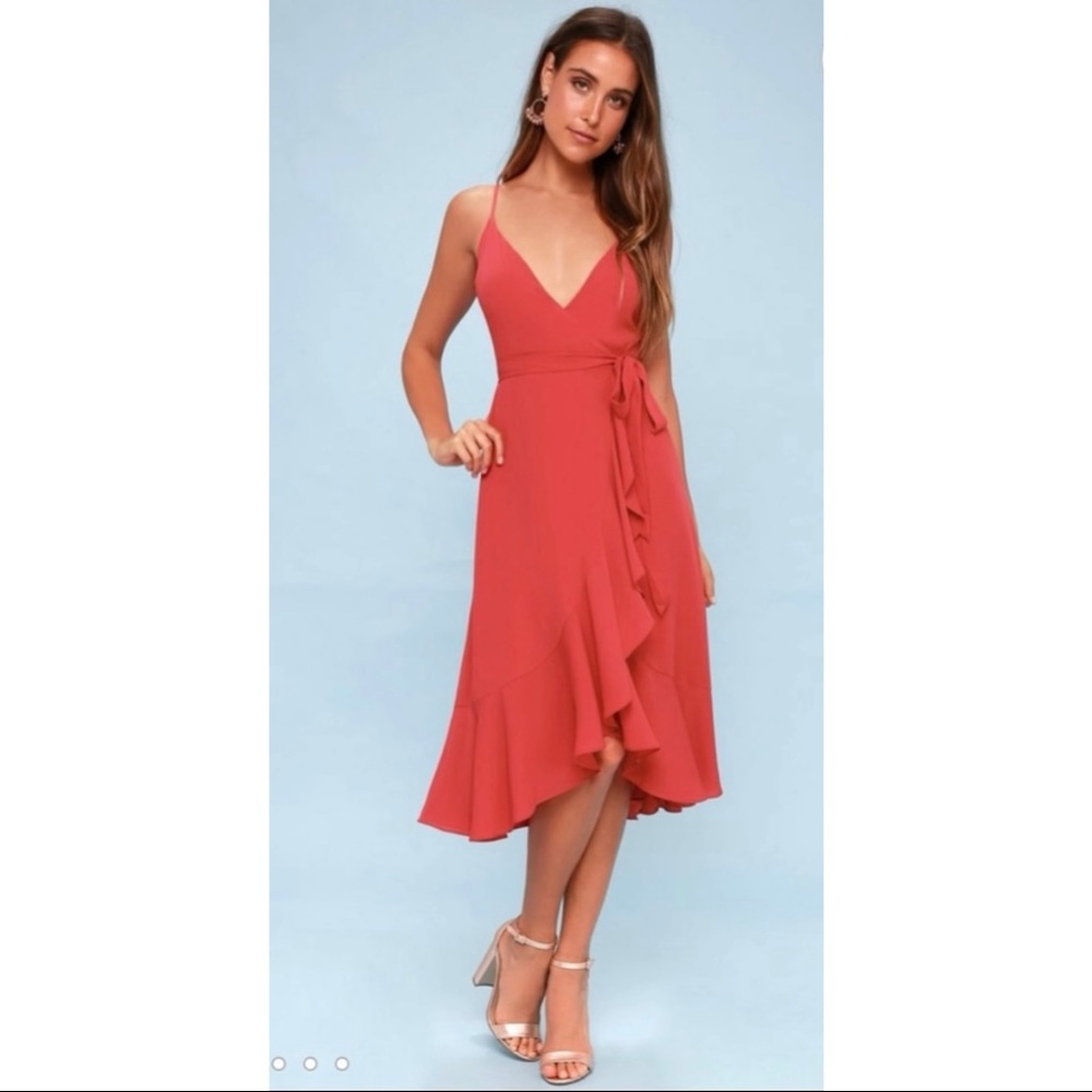 Lulu’s Coral wrap dress. Beautiful fit, perfect for summer.